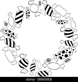 Candy sweets Frame circle round black and white template. Vector graphic line ink illustration for the text. card for the happy sweetest day and Hallo Stock Vector