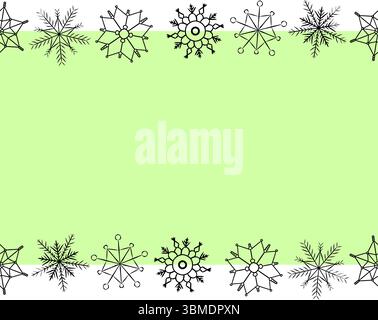 Winter snowflakes Frame seamless border template. Vector graphic line ink illustration. New Year Holidays subtle backdrop. Noel decoration, texture fo Stock Vector