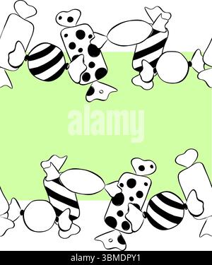 Sweets and candies Frame seamless border template. Vector graphic line ink illustration. Card for the happy sweetest day and halloween. For poster, in Stock Vector