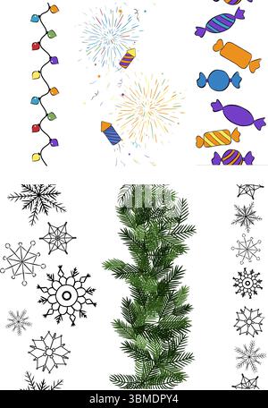 Christmas and New Year's endless vertical border with cute winter decor elements seamless border set. Vector graphic line ink illustration. for textil Stock Vector