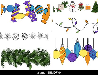 Christmas theme seamless border set. Vector graphic line ink illustration. Template with a christmas elements. Perfect for cards, decorations, sticker Stock Vector