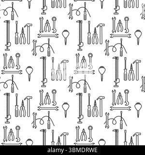 Tool pattern background with various hand tools arranged in seamless black and white design vector Stock Vector