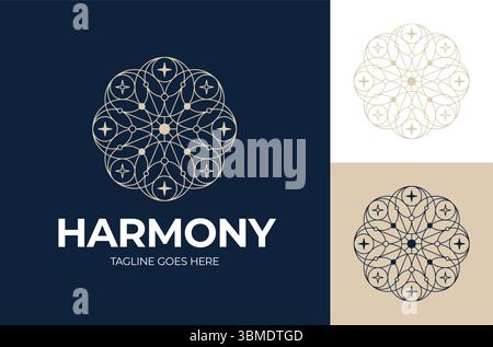 celestial logo. Vector golden logo on which an abstract image of the solar system with planets. Cosmic Galaxy Planetary Logo Design. Stock Vector