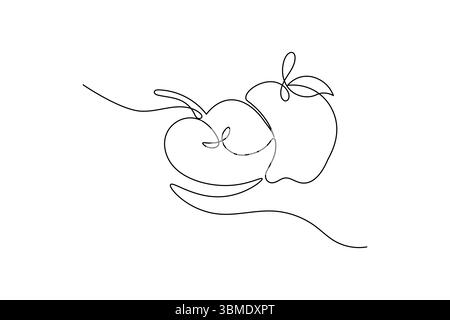 Apple continuous one line art and frui isolated outline minimalist design With white Background Stock Vector