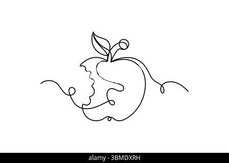 Apple continuous one line art and frui isolated outline minimalist design With white Background Stock Vector
