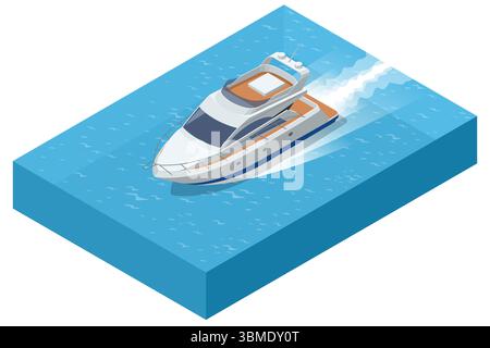 Isometric yacht moving on blue water. The yacht is leaving a wake ...