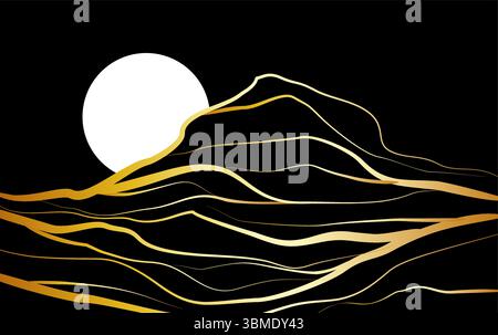 Mountain line art background vector. Abstract mountain contemporary aesthetic backgrounds landscapes. with mountain, skyline and moonlight Stock Vector