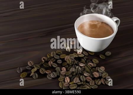 A white ceramic coffee cup releasing steam, placed beside scattered roasted beans on a wooden tabletop. Captures the warmth and aroma of a freshly bre Stock Photo