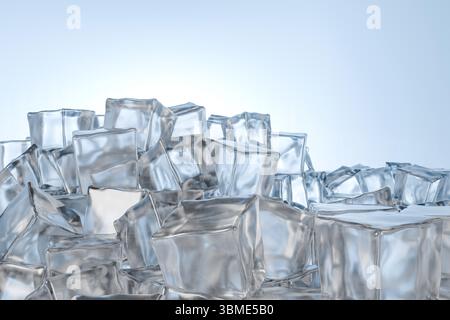 A close-up studio shot showcasing a substantial pile of clear ice cubes against a soft blue background. The stacked formation emphasizes the volume an Stock Photo