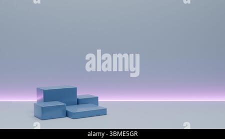 A pastel blue geometric product podium highlighted by modern and edgy purple neon lighting. Suitable for showcasing products aiming for a distinctive, Stock Photo