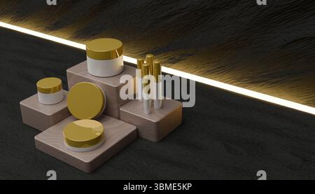 Elegant 3D rendering of luxury cosmetic containers displayed on wooden podiums with dark textured background and dramatic lighting, ideal for skincare Stock Photo