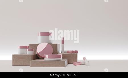 A modern and dynamic cosmetic product mockup showcasing pink and white packaging on uniquely angled wooden podiums. Perfect for presenting skincare an Stock Photo