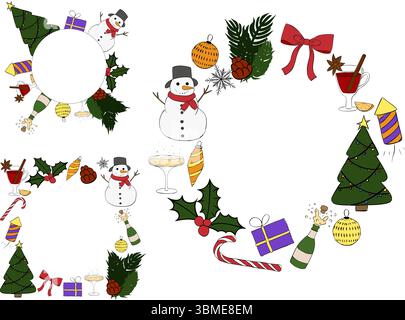 Merry Christmas and Happy New Year Circle round frame set template. Vector graphic line ink illustration. Christmas Tree, branches, balls, snowflake. Stock Vector