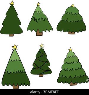 Green trees isolated set. Vector graphic line ink illustration. Stone pine, spruce, maple, birch, cedar, oak, brachychiton, banyan, willow, larch, pal Stock Vector