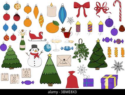 Xmas items isolated set. Vector graphic line ink illustration. Christmas tree, Santa with gifts, elves. Festive wreath, candy canes, gingerbreads. New Stock Vector