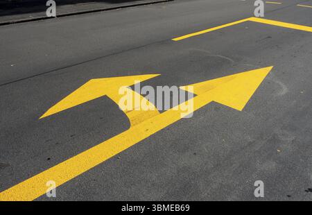 Yellow marking arrow on a road for straight ahead and left turn, Offenbach am Main, Hesse, Germany, Europe Stock Photo