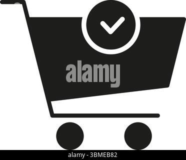 Shopping Cart With Check Mark Solid Icon. Successful Purchase, Order Completion, And E-Commerce Transaction Silhouette Symbol. Retail And Consumer Stock Vector