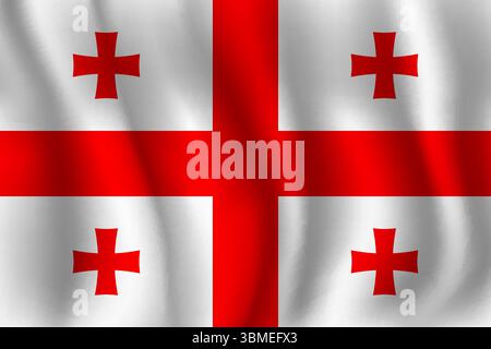 Flag of Georgia wavy flutters in wind, with folds 3d Stock Vector