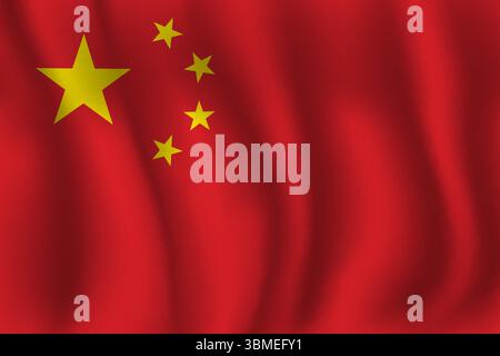 Flag of China wavy flutters in wind, with folds 3d Stock Vector