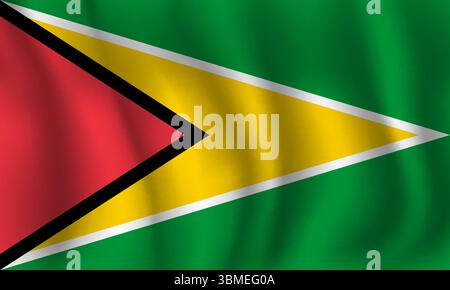 Flag of Guyana wavy flutters in wind, with folds 3d Stock Vector
