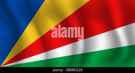 Flag of Seychelles wavy flutters in wind, with folds 3d Stock Vector