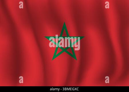 Flag of Morocco wavy flutters in wind, with folds 3d Stock Vector