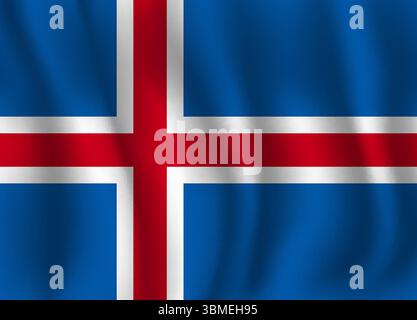 Flag of Iceland wavy flutters in wind, with folds 3d Stock Vector