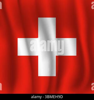 Flag of Switzerland wavy flutters in wind, with folds 3d Stock Vector