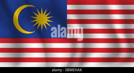 Flag of Malaysia wavy flutters in wind, with folds 3d Stock Vector