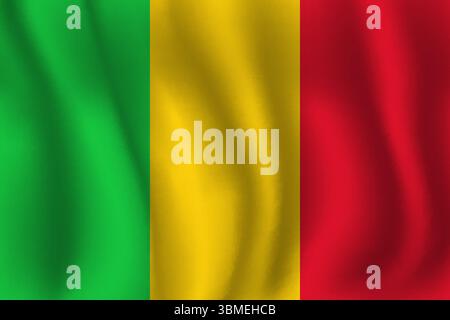 Flag of Mali wavy flutters in wind, with folds 3d Stock Vector