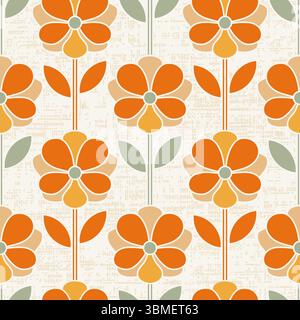 Seamless vector pattern inspired by bold retro 1970s design, groovy floral in warm earthy orange tones, textured background for vintage-style prints, Stock Vector