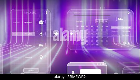 Displaying calendar panel showing March schedule in digital interface, with tracking panel icons. Futuristic, digital, ui, interface, technology, virt Stock Photo