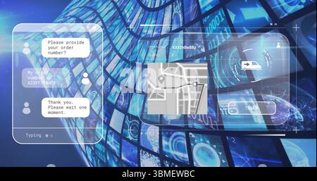Displaying interface panels over blue data backdrop with chat window typing and tracking panel. Futuristic, digital, data visualization, interface, co Stock Photo
