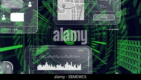 Displaying central circular HUD data node inside grid tunnel with UI panels and numeric readouts. Cyberspace, data visualization, futuristic, interfac Stock Photo