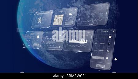 Displaying digital UI panels floating in space, with Earth, map snippet, charts and tracking icons. Futuristic, technology, data visualization, interf Stock Photo
