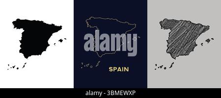 SPAIN Black, Gold, Sketch Map Vector Illustration Abstract Editable image Stock Vector