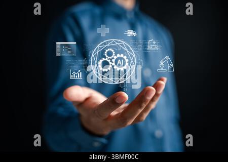 AI technology with data for industry, healthcare, finance, logistics, and automation. Representing artificial intelligence applications in medical sys Stock Photo