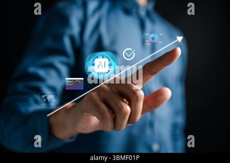 Artificial intelligence symbol with upward growth trend line and futuristic interface. Stock Photo