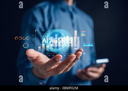 AI agents technology with digital financial data, analytics charts, and trend graphs. AI assistant in investment management, data visualization, and s Stock Photo