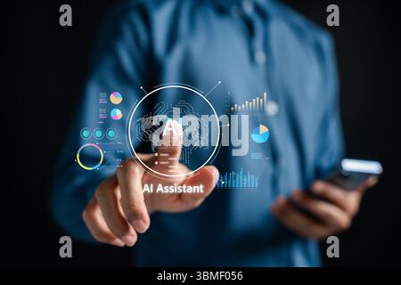 AI assistant interface with data analytics, charts, and graphs on digital screen. Representing artificial intelligence in investment, financial analys Stock Photo
