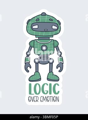 Futuristic green Robot sticker. Virtual Technology Assistant with cool slogan. Vector illustration. Avatar character mascot. Not AI Stock Vector