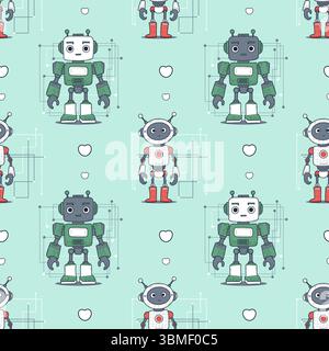 Seamless pattern Futuristic cute Robot character on light green with hearts. Virtual Technology funny cartoon Assistant. Vector illustration. Kids col Stock Vector