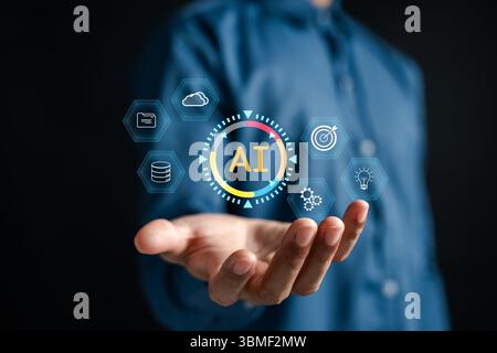AI cloud computing and data analytics with artificial intelligence, digital data, server, cloud storage, innovation, and smart technology in business. Stock Photo