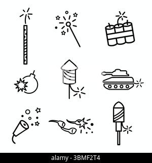 Fireworks with Independence Day Icon Set Stock Vector