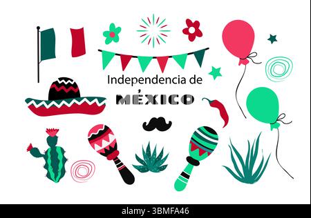 Viva Mexico. Independence Day set elements. Vector illustration Stock Vector