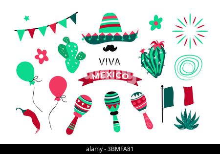 Viva Mexico. Independence Day set elements. Vector illustration Stock Vector
