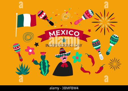 Viva Mexico. Independence Day set elements. Vector illustration Stock Vector