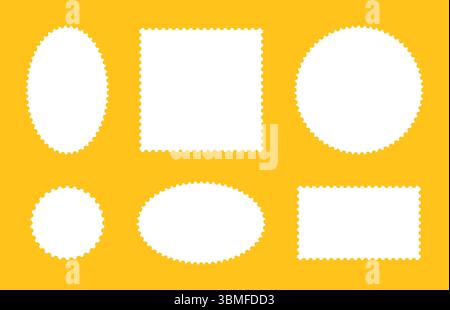 Postage white stamp frames. Set of empty borders, backdrops for postcard, letter. Tags, labels, coupons, boxes with curvy, wiggly, wavy perforated Stock Vector