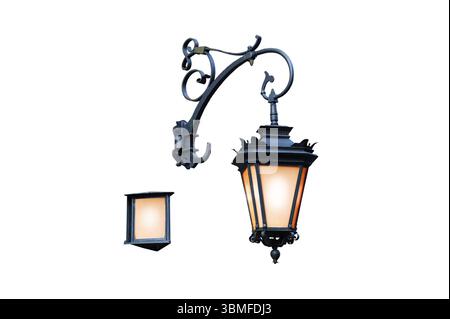 vintage wall lantern and street signs isolated on white background Stock Photo