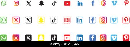 Social Media platforms Icon Set, whatsapp, instagram, snapchat, tiktok, youtube, linkedin, facebook, vimeo, pinterest icons Stock Vector